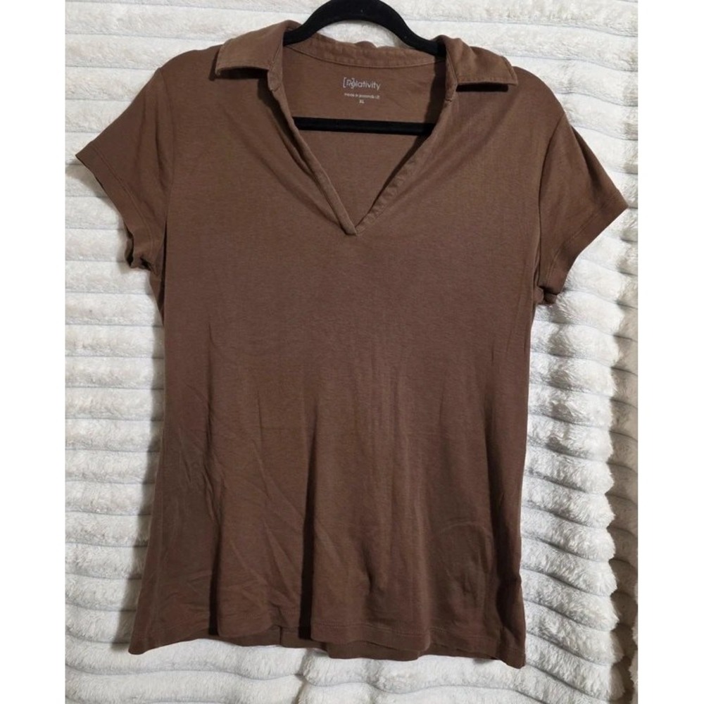 Relativity Brown Pima Cotton V-Neck Polo Shirt Short Sleeve XL